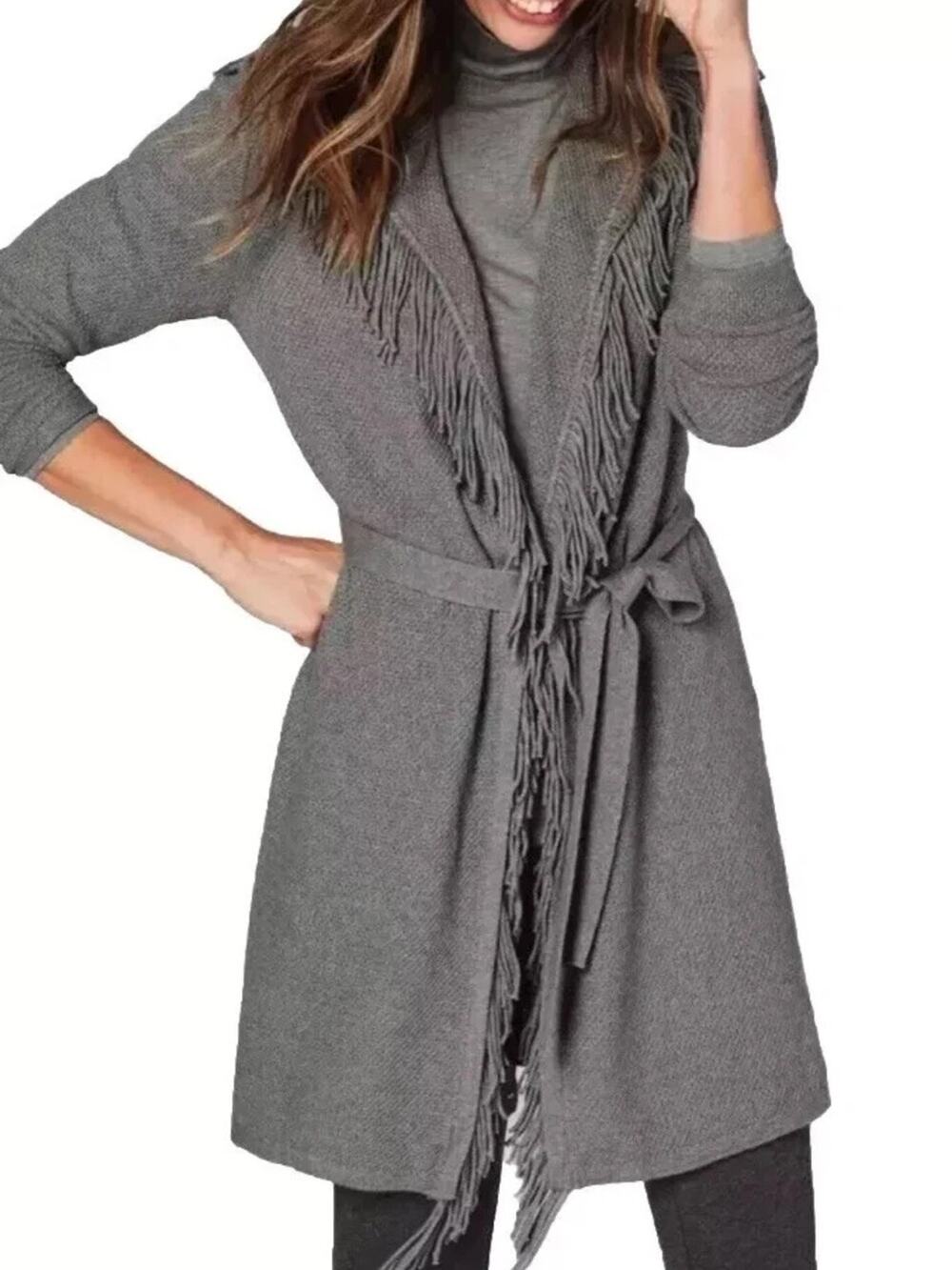 J. Jill Gray Fringe Open Front Belted Cardigan Sweater Medium